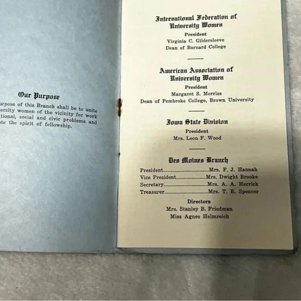 American Assoc of University Women Des Moines IA Branch Vtg Booklet 1937-38 DBX